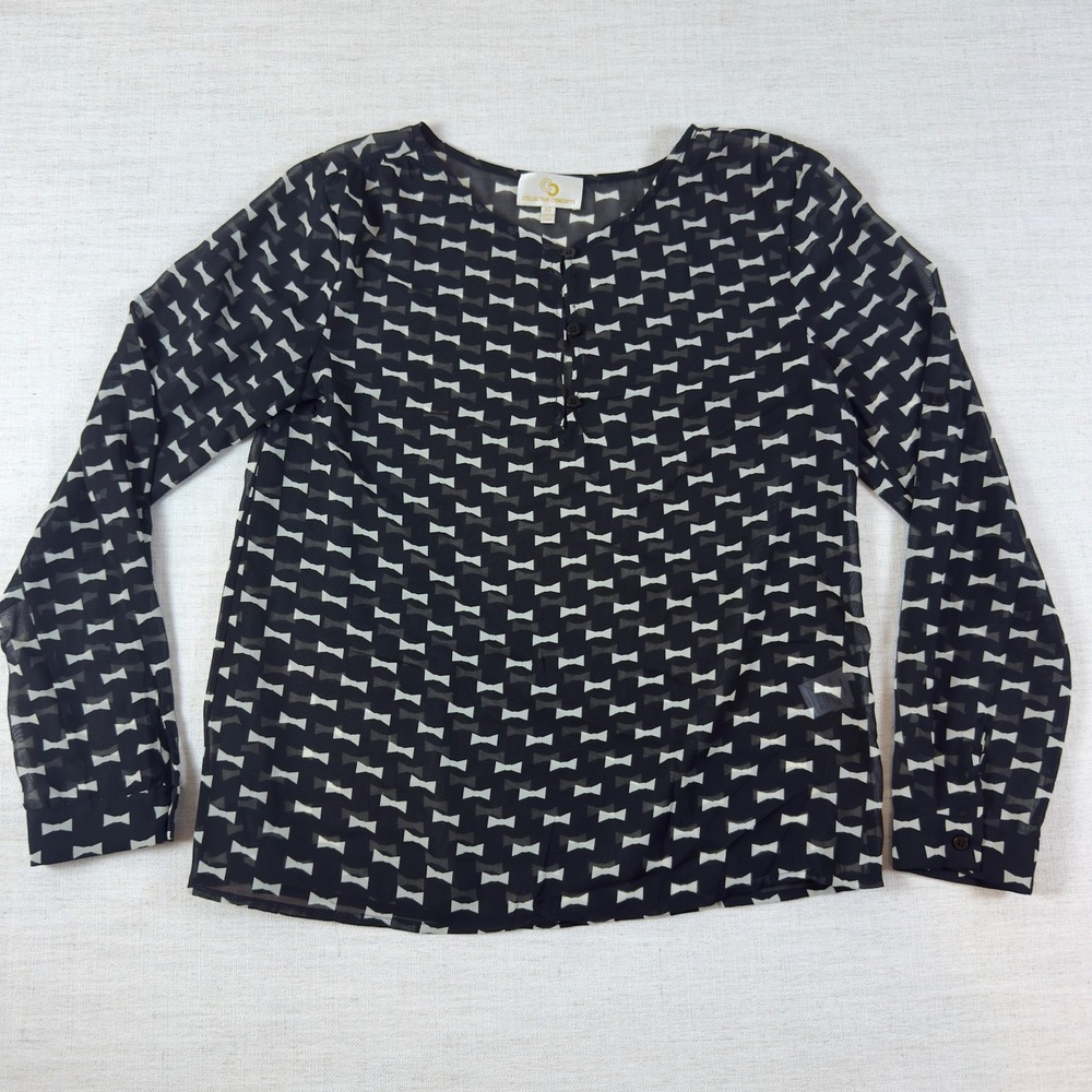 Collective Concepts Black White Bow Tie Print Sheer Henley Blouse TS8829-02 XS